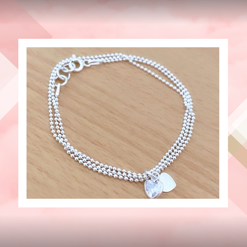 Pulsera triple con dije corazón de cubic y chato Plata 925