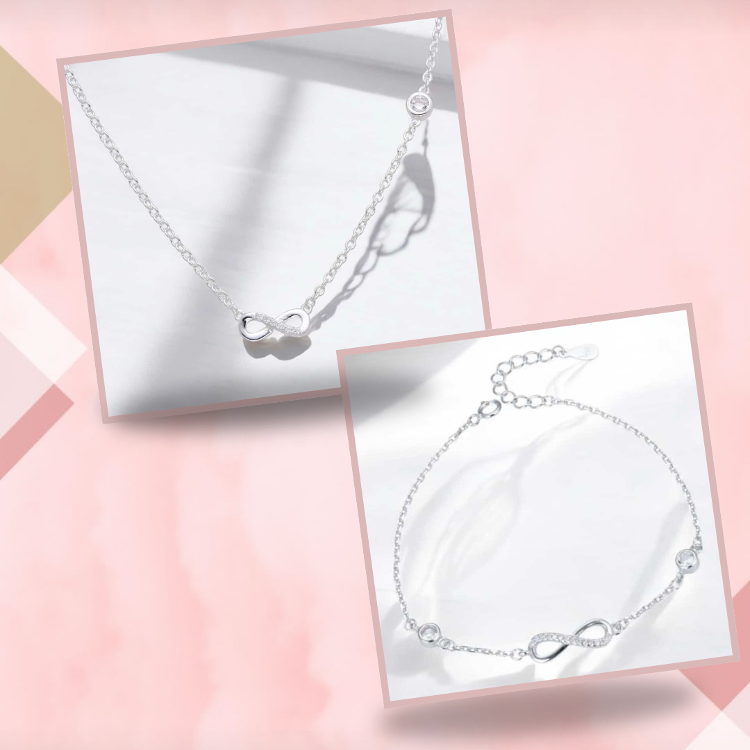 Conjunto cadena regulable con dije infinito y cubic y pulsera en juego. Plata 925