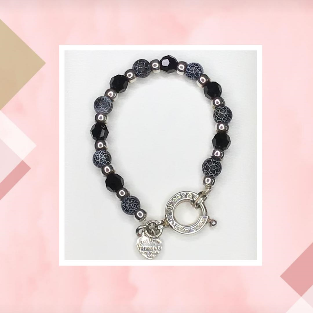 Pulsera con piedras y onix con cierre marinero y dije corazón estilo Tiffany, Plata 925